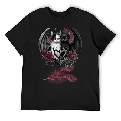Gothic Cats and Roses Valentine Black T-Shirt Cotton Man T-shirts Customizeds Summer 2025 Mens Shirts Graphic Tee