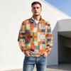 Men's Fall Winter Paneled Print Zip Neck Pullover with Stand Collar Casual Wrinkle- Athletic Top