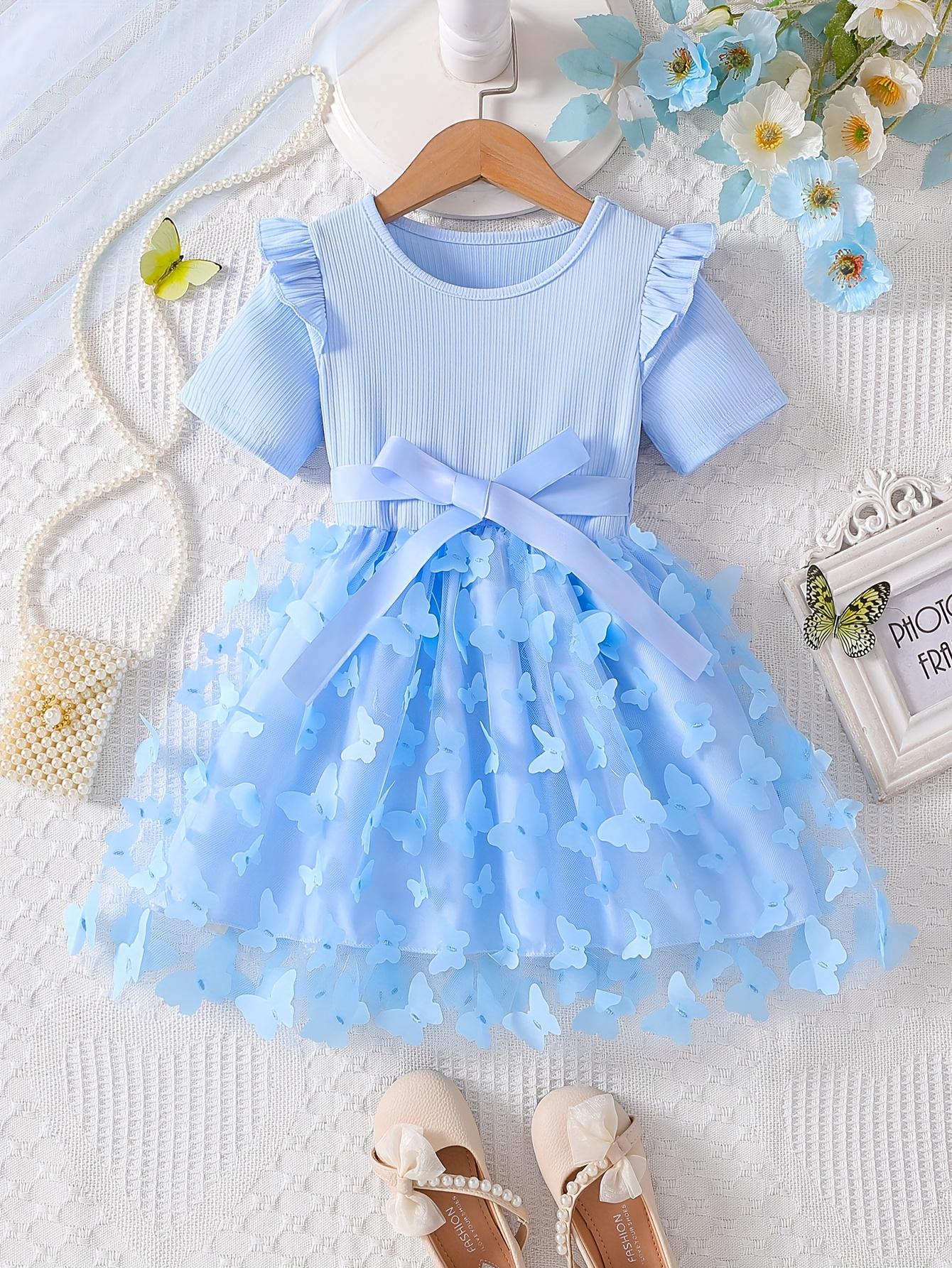 Girls Blue Butterfly Tulle Dress Kids Ruffle Short Sleeve Tutu Dress 1-2Y