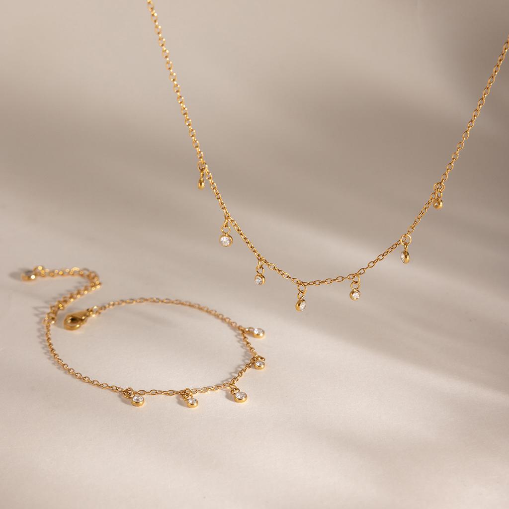 Youthway Delicate Round Zircon Pendant Necklace Bracelet For Women Minimalist 18K Gold PVD Plated Stainless Steel Jewelry Set
