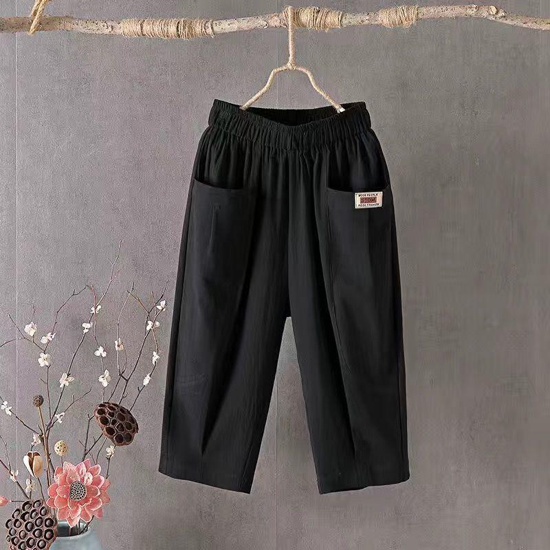 Dámské volné capri harémové kalhoty plus size - Bavlna len, prodyšné, elastický pas, ležérní letní oblečení