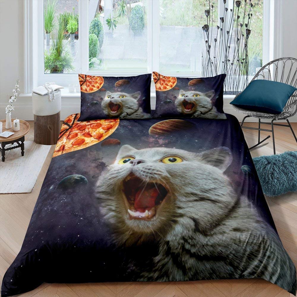 Galaxy Cat Duvet Cover Universe Galaxy for Kids Boy Girl Cute Kitten Printed Outer Space Planets Quilt Cover Bedroom Decorations