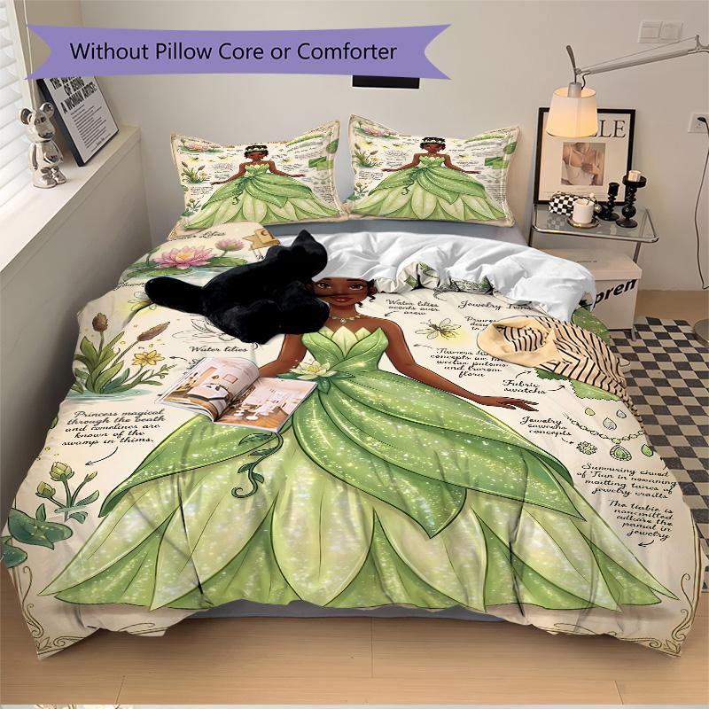 3pcs Princess Tianas Green Dress Bedding Set, Includes One Quilt Cover and Two Pillowcases, Bedroom and Guest Room Decoration. T72301113