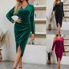 Women's Fashion Casual V-neck Color Waist Velvet Dress