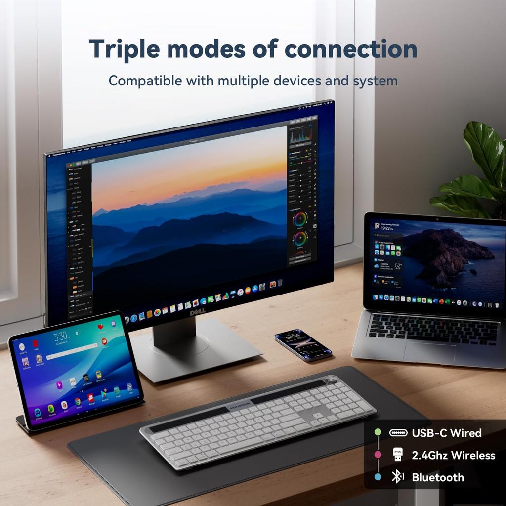 Dejeen Wireless Solar Rechargeable Keyboard, Full-Size Solar Rechargeable Keyboard for PCs, Desktops, Laptops, Tablets, Smart TVs, and Windows 111087