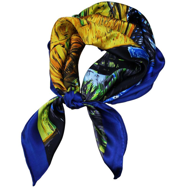 High-end famous painting Van Gogh oil painting starry sky silk 90 square scarf spring and autumn thin mulberry silk scarf summer sunshade shawl