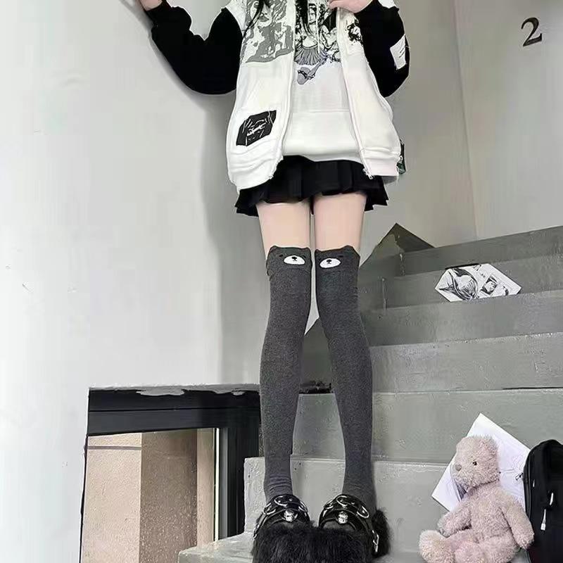 Cute Bear Stockings Female Spring Cartoon Cat Over Knee High Socks Comfortable with Solid Color Student Socks
