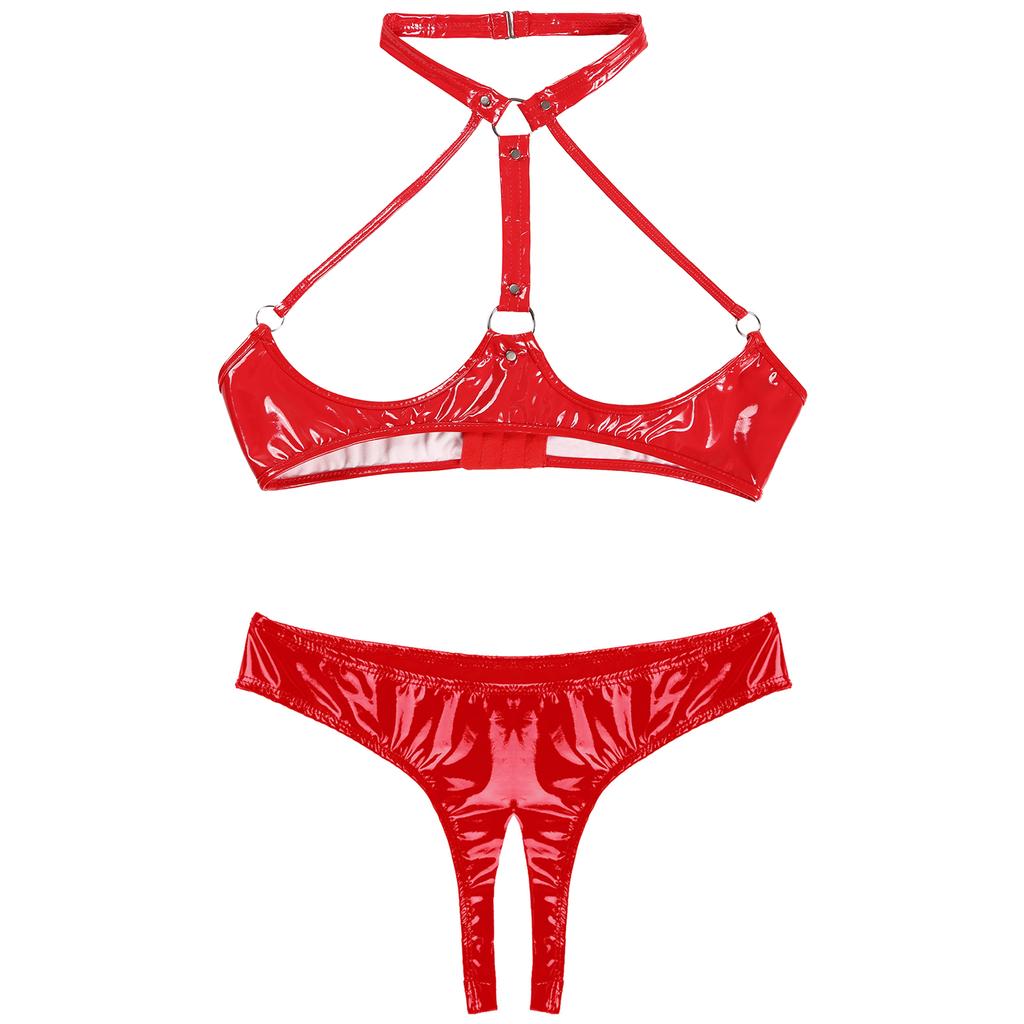 Womens Patent Leather Lingerie Set Halter Neck Open Cup Bra Crotchless Briefs Wet Look Clubwear Night Outfit