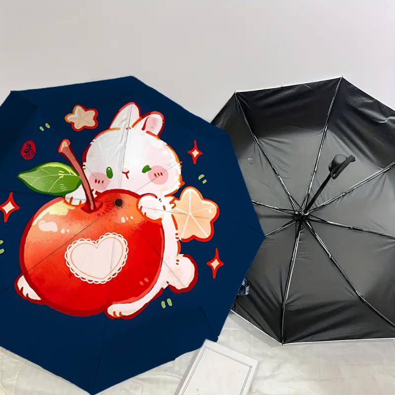 Entzückliches Kaninchen mit Apfel-Regenschirm: Ein perfektes Geschenk für Outdoor-Abenteuer - Automatisches Öffnen und Schließen, Leichtes und Langlebiges Reiseaccessoire 048