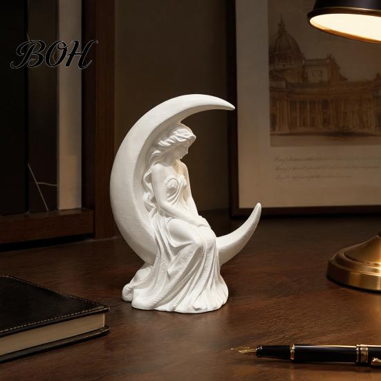 Eco Friendly PLA Statue Moon Girl Figurine, 3D Printed Mystical On Crescent Small for Tabletop Statue, Collectible Sculpture Bedroom Shelf Decor