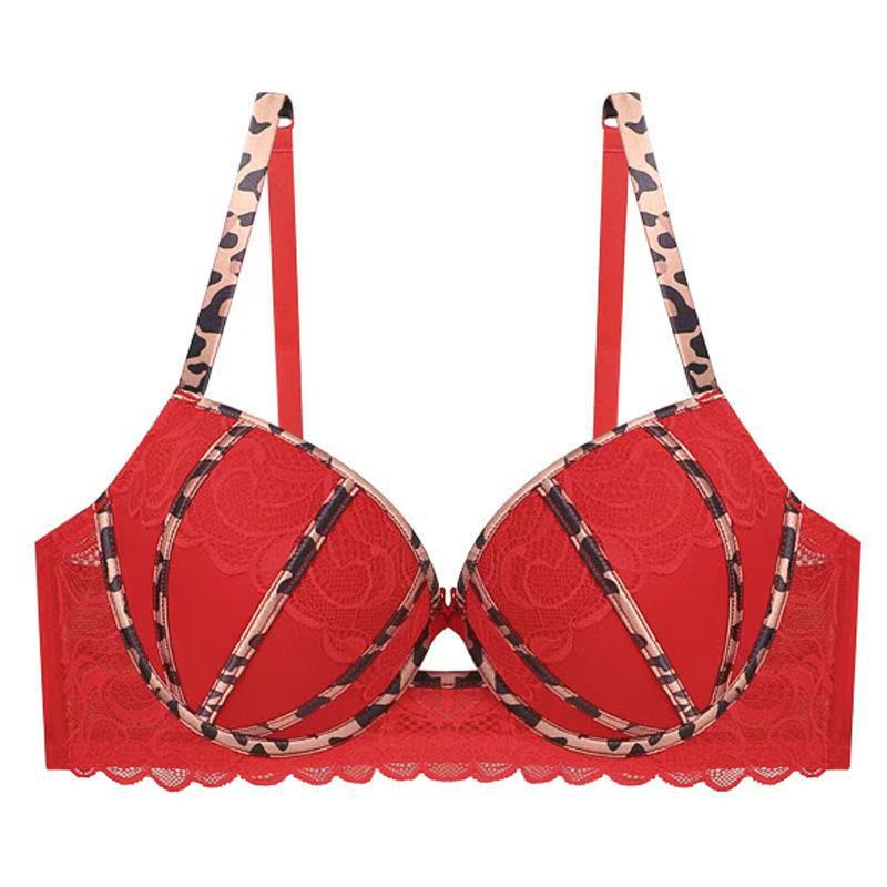 

Plus Size Women Thin Sexy Lace Leopard Print Color Collision To Collect The Pair of Breasts To Gather Underwear 34/75BC красный