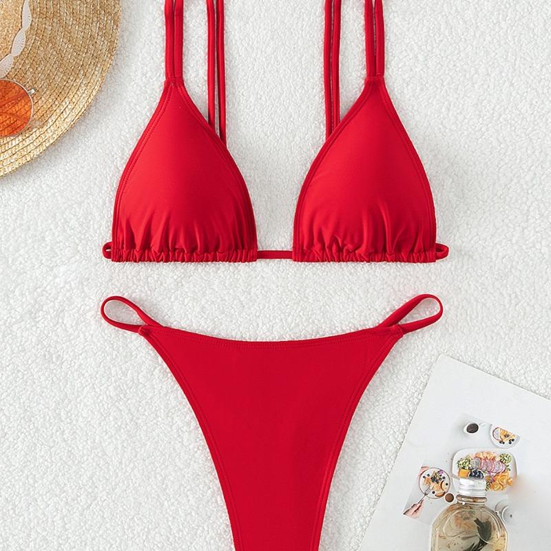 New Bikini Solid Color Triangle Cup Backless Sexy Bikini Swimsuit for Women