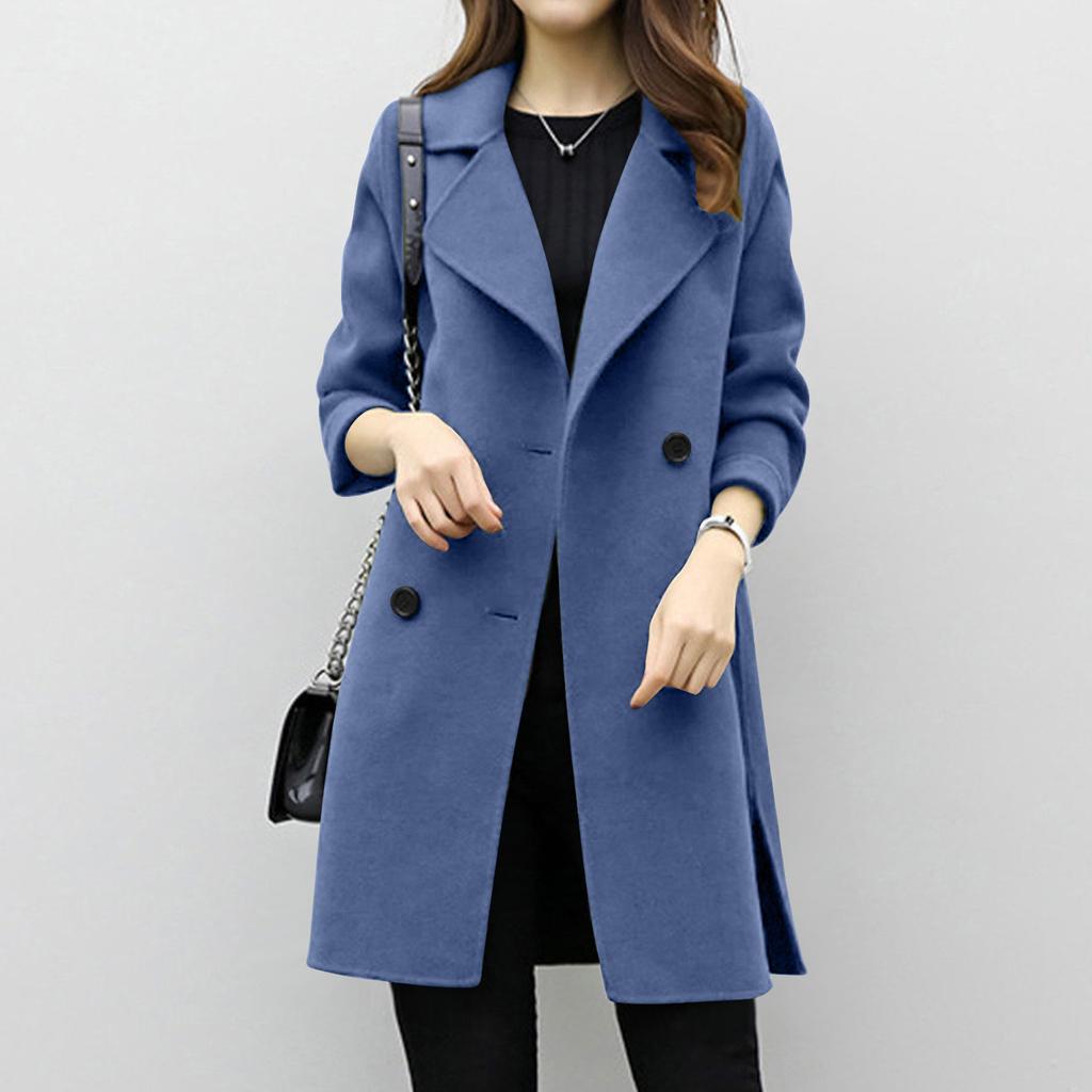 Women's Long-length Autumn Coat, Double-breasted, Long Sleeves, Solid Color