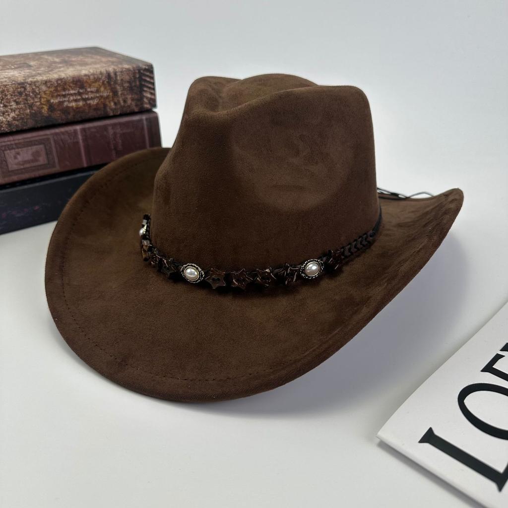 Western Cowboy Hat Women'S Wool British Suede Pearl Accessories Peach Heart Top Hat