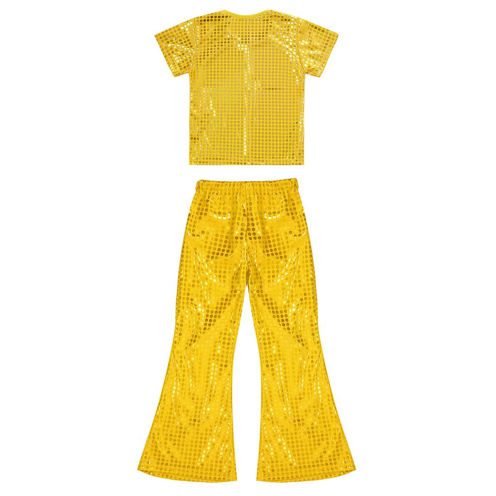 Kids Boys Girls Stage Performance Set Short Sleeve Round Neck Shiny Sequins Solid Color T-Shirt with Elastic Waistband Flared Pants