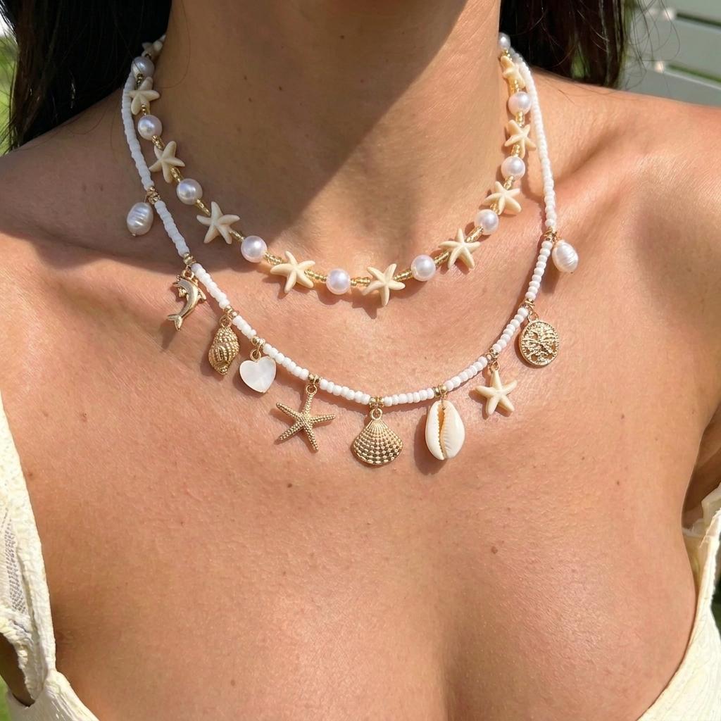 Bohemian Double Layer Shell Starfish Imitation Pearl Beaded Choker Necklace For Women Beach Party Jewelry