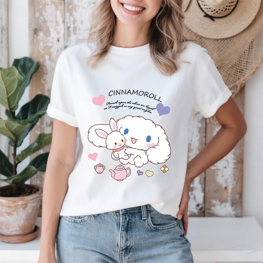 

2026 Summer Cinnamoroll Warm Hug Print Cotton T Shirt for Women Casual Soft Comfortable Summer Top 4XL