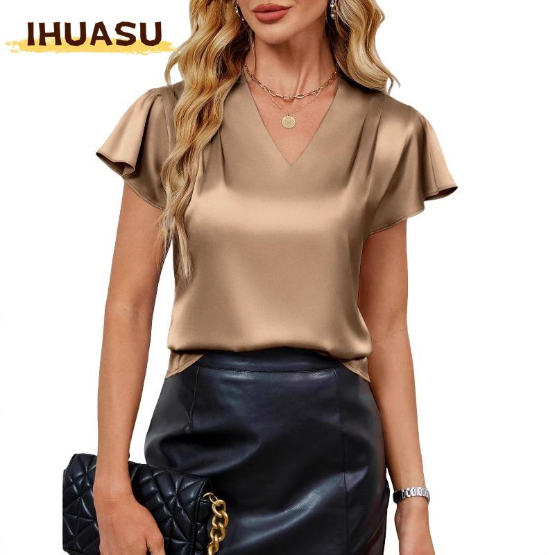 IHUASU Women's Fashion Casual Solid Color Print V-Neck Short Sleeve Blouses & Shirts