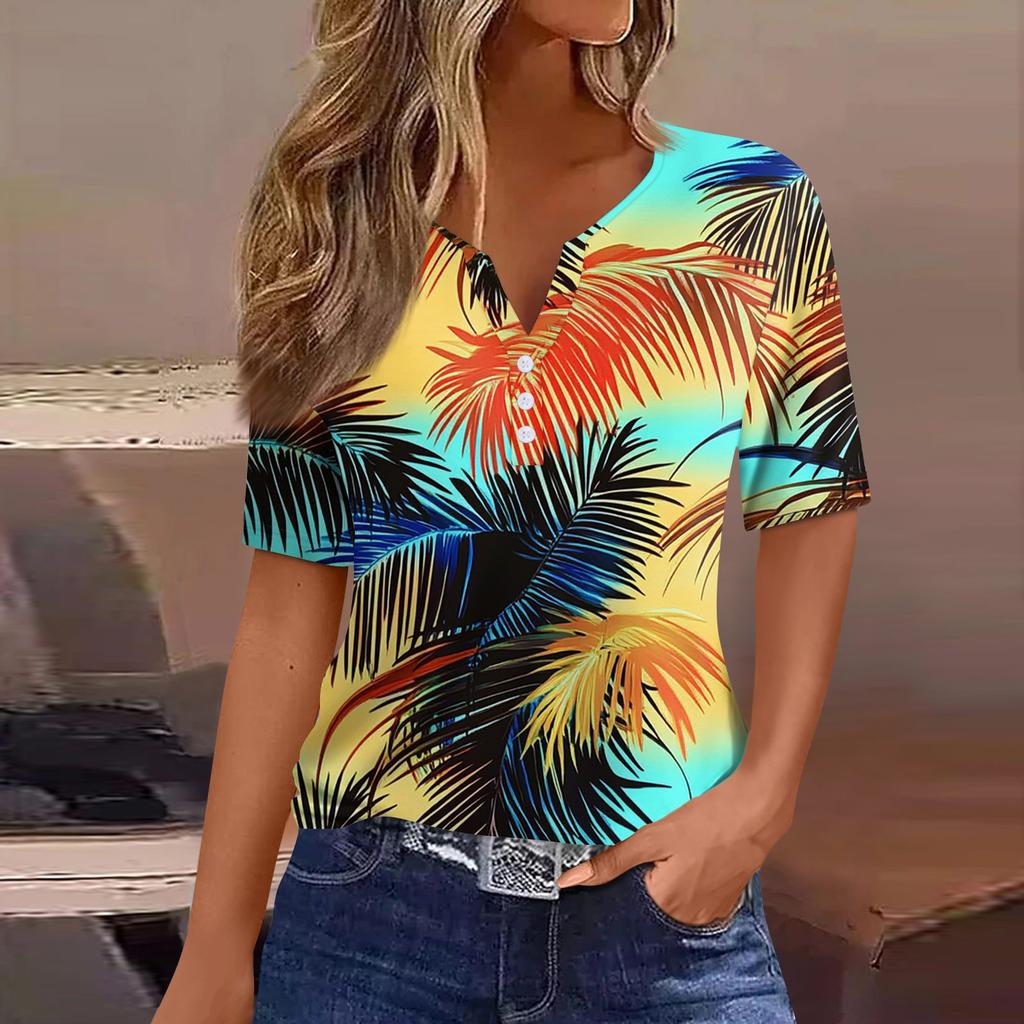 Women's T Shirt Print Button Short Sleeve Daily Weekend Fashion Basic V- Neck Regular Top