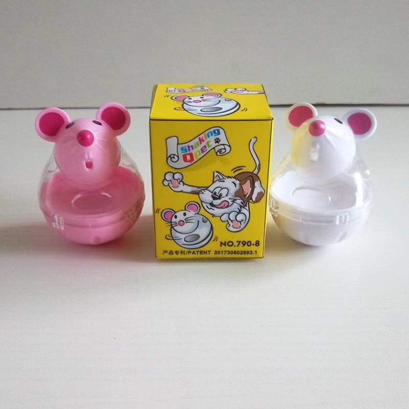 Mouse shaped wobbly creature rolling and splashing food, pet puzzle cartoon cat toy leaking food, feeding