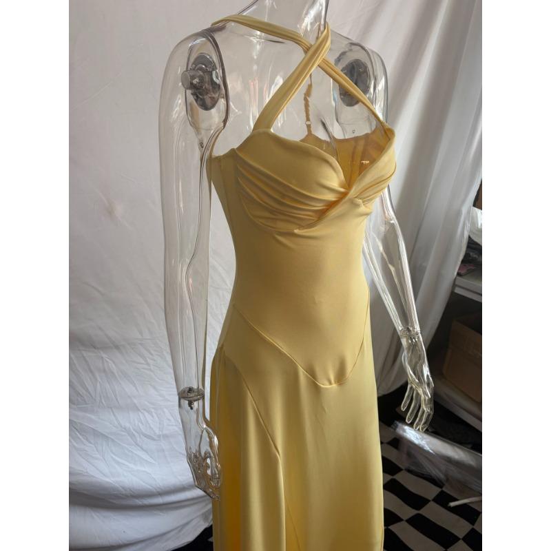 Abito Lungo Aderente Elegante da Donna Senza Maniche con Incrocio sulla Schiena Monocolore