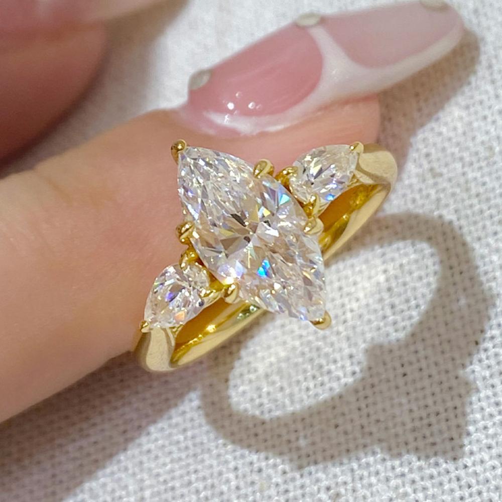 6x12mm Marquise Cut Zircon Rings for Women 100%   CopperSparkling 3 Stones Zirconia Ring Wedding Bands Jewelry Gift