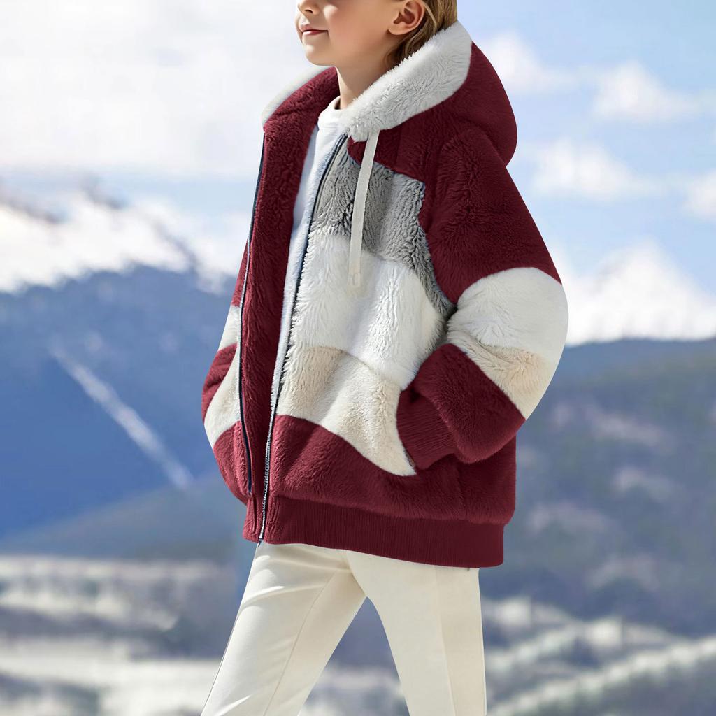 Mädchen Lässiges Fleecegefüttertes Verdicktes Oberteil Mittelgroß Kinder Kapuzen-Fleecegefütterte Farbblock-Jacke