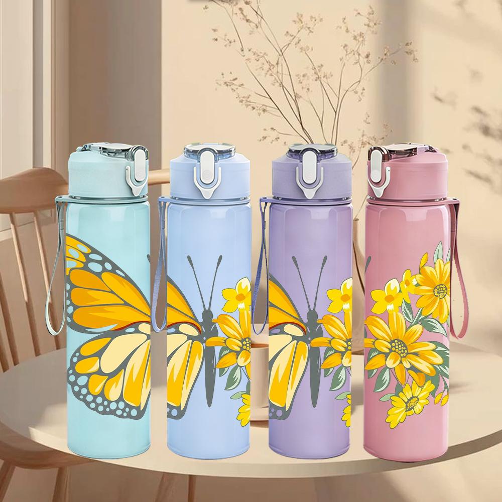 1PC Yellow Butterfly Daisy Floral 750ml Color Plastic Sports Water Bottle Leakproof Flip Straw Lid Suitable for Sports Office Home Use