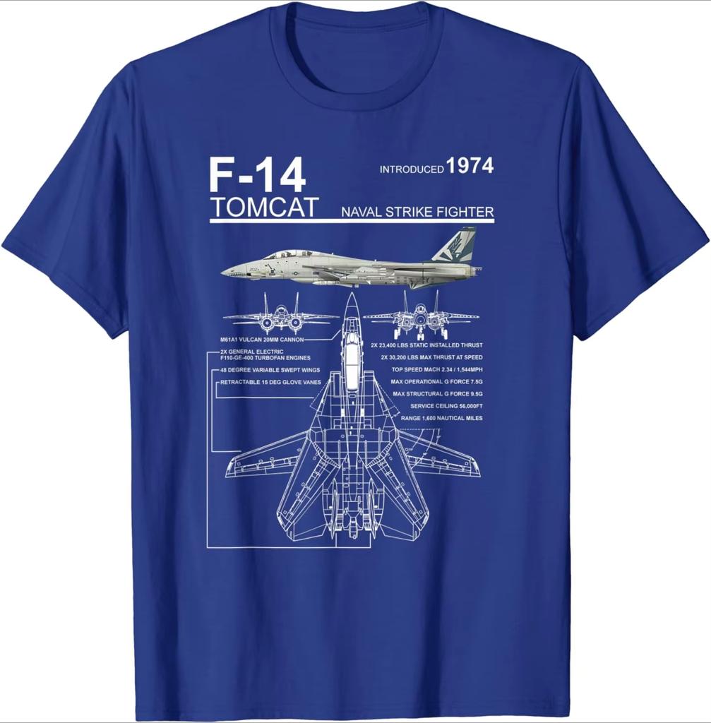Maglietta Unisex a Maniche Corte Casual Girocollo in Cotone con Diagramma del Caccia Navale F14 Tomcat