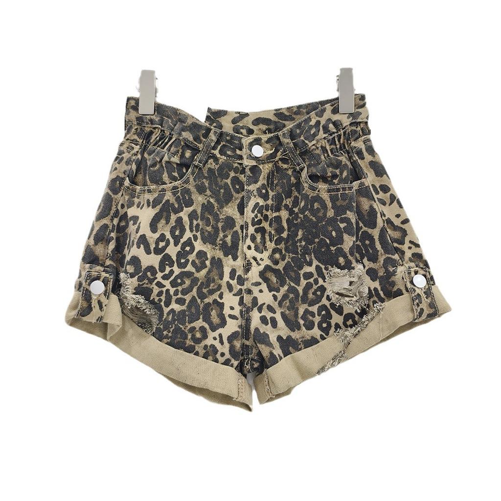 Moda estiva a-line pantaloni corti larghi arricciati vita alta versatili stampa leopardata denim lavato strappato pantaloncini donna tendenza