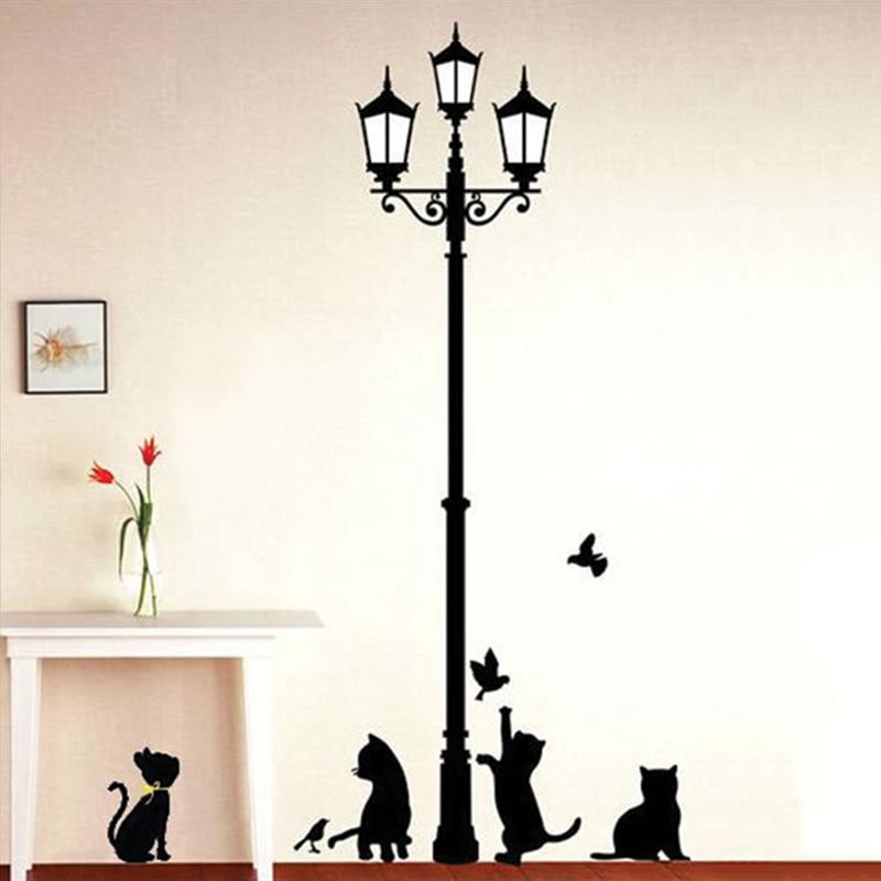 Retro Streetlight Cute Black Cat Little Bird Wall Stickers For Home Nursery Room Decoration Kids Puzzle Animal Game Warm Poster