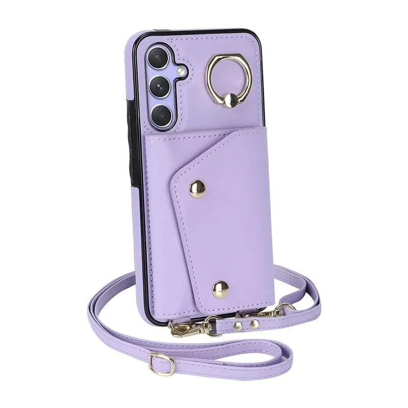 Crossbody Ring Leather Zip Wallet Phone Case for Samsung Galaxy S26 Ultra S25 FE S24 Plus S23 S22 S21 Note 20 Lanyard Cover Bag