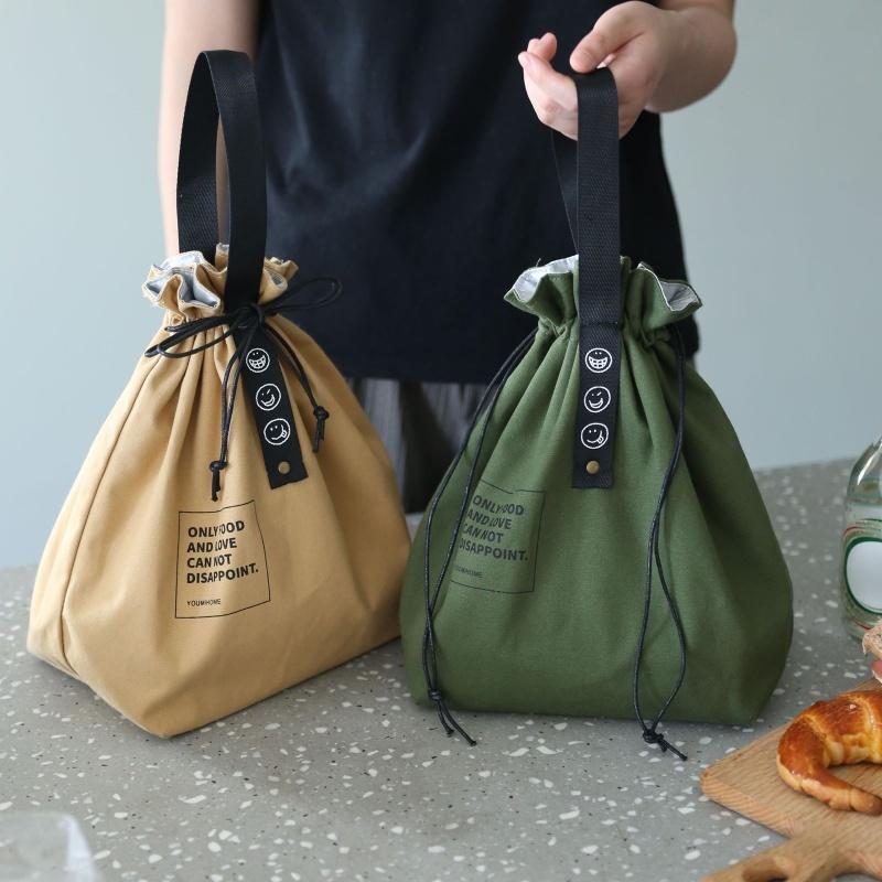 Nordic simple ins drawstring letter webbing insulated meal bag industrial canvas portable lunch box bag