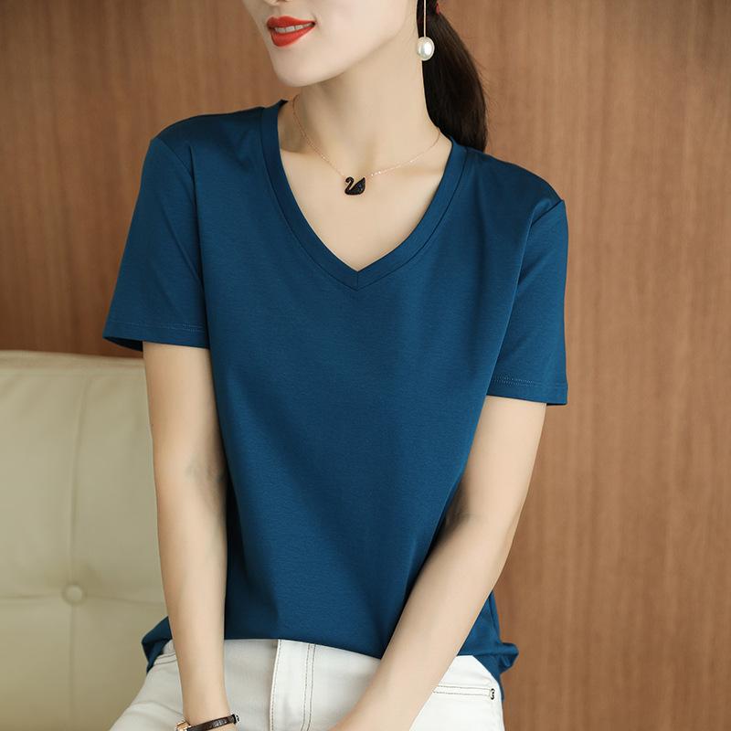V-neck T-shirt for Women Mercerized Cotton T-shirt for Cotton Thread Short-sleeved Summer Updated Slim Versatile Half-sleeved Top