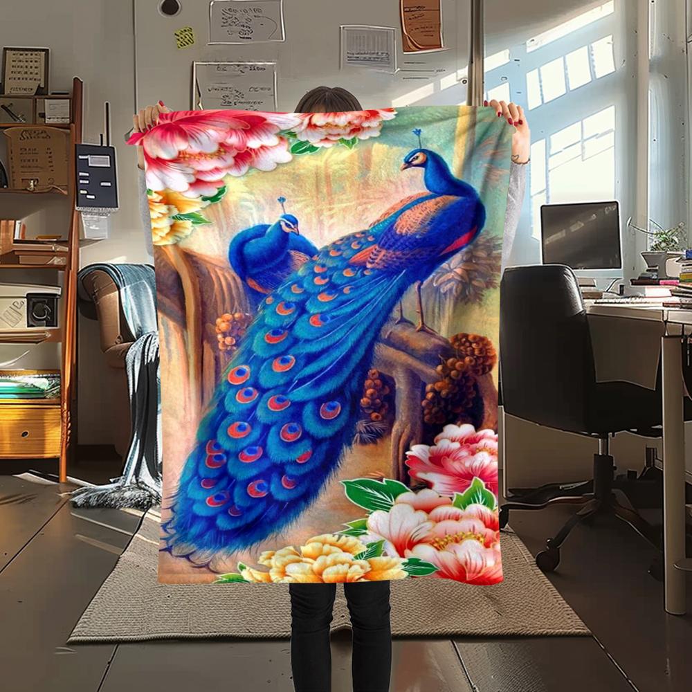 1Pc Peacock Oil Painting Print Flannel Blanket, High Quality Comfortable for All Seasons, Home Decor, Warmth and Comfort, Perfect for Christmas Gifts