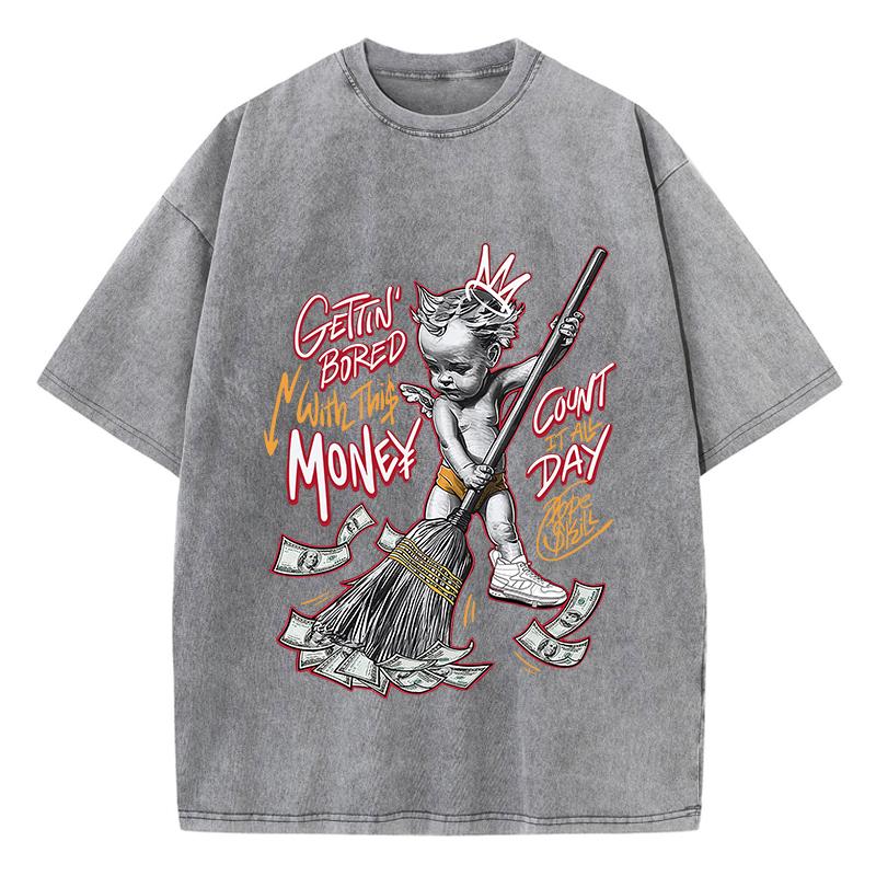 Woman Acid Wash T-Shirts Gettin Bored With This Money Prints Tops Oversize Comfortable Crewneck Tee Shirts Clothes