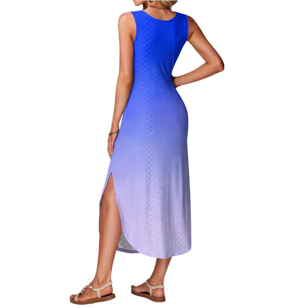 Women's summer long dress, sleeveless with side slits, long gradient vest dress