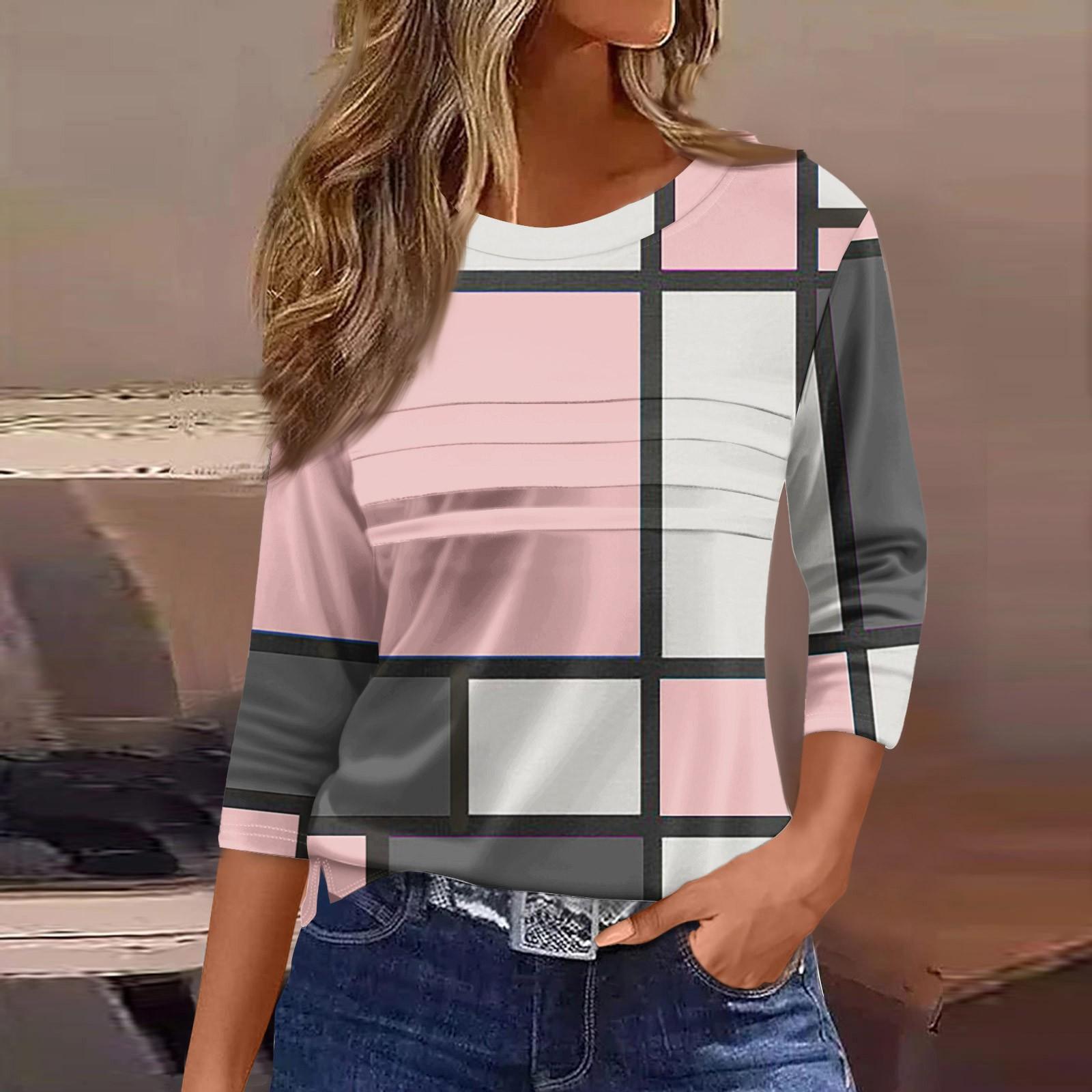 

Жіночий модний повсякденний вільний топ з рукавами 3/4 у смужку та круглим вирізом XXL рожевий