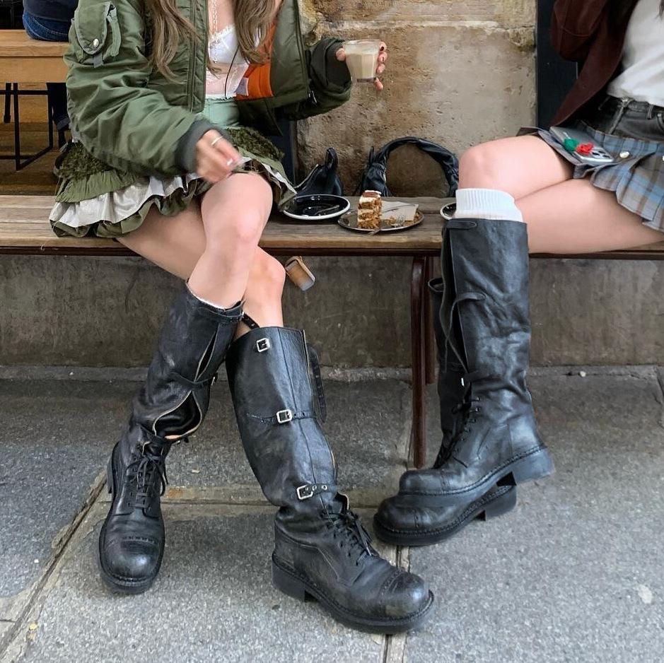 Cowhide Version~ Genuine Leather Thick-soled Martin Boots Women's Tall Thick-heeled Knight Boots Fat Mm Large Tube Circumference Boots