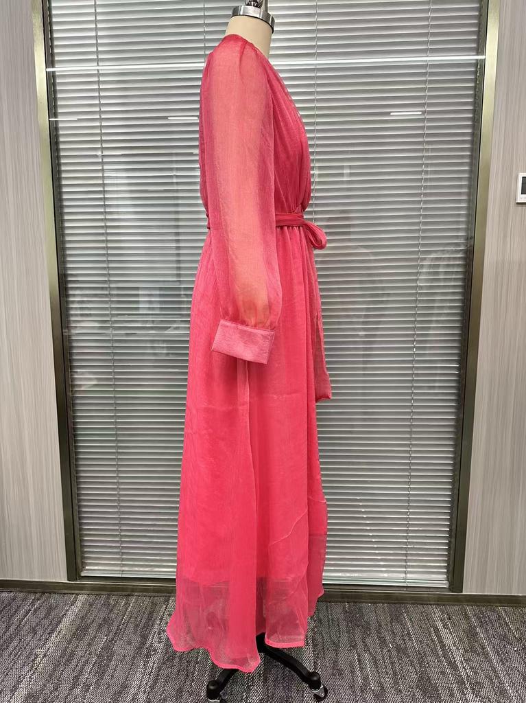 Cross-border New Women's Dress with V-neck Slit Cinched Waist, Long Long Sleeve, Flowing Solid-color Dress