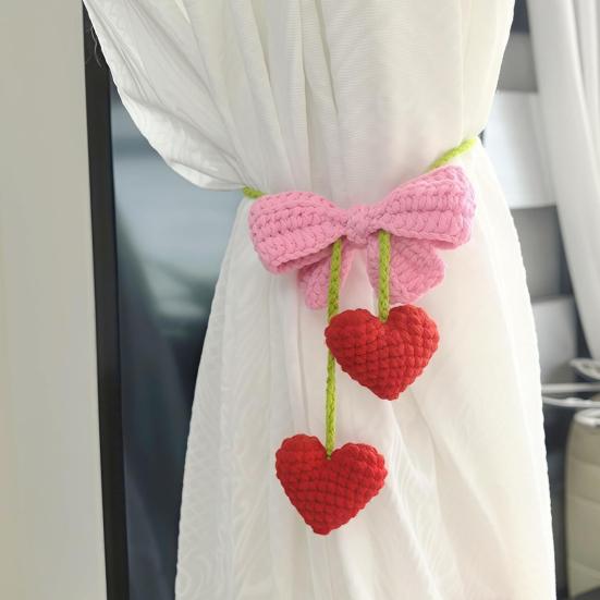 Rearview Mirror Charm Crochet Heart Car Hanging Decor, Knitted Bowknot Love for SUV Pendant Mirror, Cute Accessory Bag Purse, Valentine's Day Gift Her