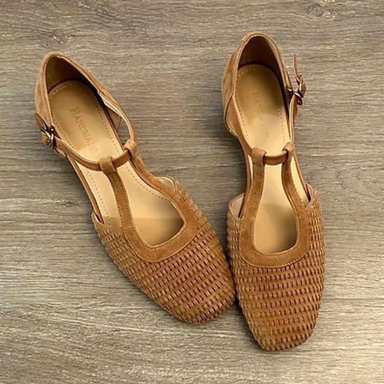 Fashion New Fashion Women's Hollow-out Cow Leather Narrow Band T-strap Flats Sandals Round Toe High Quality Casual Shoes Zapatos Mujer