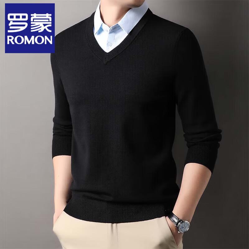 ROMON S Men's Faux Two-Piece Shirt Collar Knit Sweater