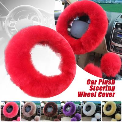 38cm Rood Zuiver Wol Stuurhoes Echt Schapenvacht Auto Pluche Warm Fluffy Fuzzy Auto Accessoires Vrouwen Meisje Auto