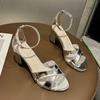 Spring and Summer 22, New Glossy High-heeled Thick-heeled One-word Buckle Sandals, High-heeled Shoes, Large-size Roman Sandals.