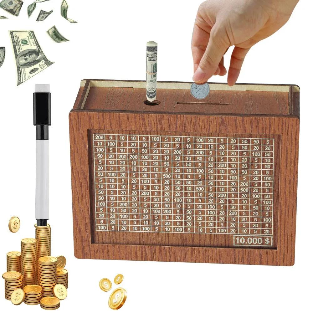 Wooden Piggy Banks, Dollar Cash Boxes, Reusable Assembled Cash Boxes, Home Decor, with Savings Goals and Numbers
