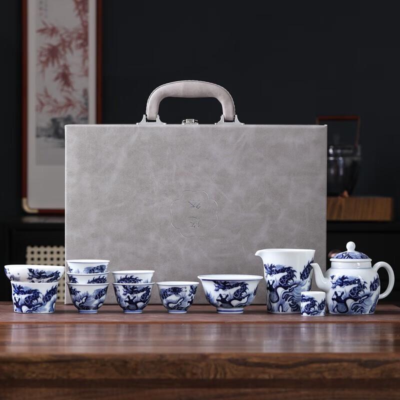 Антикварный сине-белый набор чайной посуды Кунг-фу «Рыба, перепрыгивающая Врата Дракона»