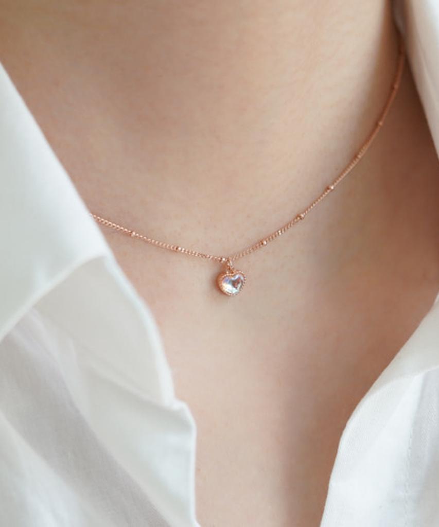 Alleun Silver 925 Chubby Heart Silver Ball Crystal Necklace