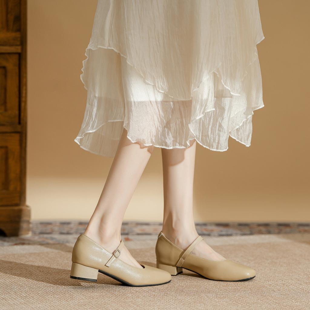 Skórzane buty na grubej podeszwie, średnim i niskim obcasie, damskie, z paskiem na jeden guzik, Mary Jane, buty damskie, styl bajkowy, do spódnicy, francuskie, na wysokim obcasie