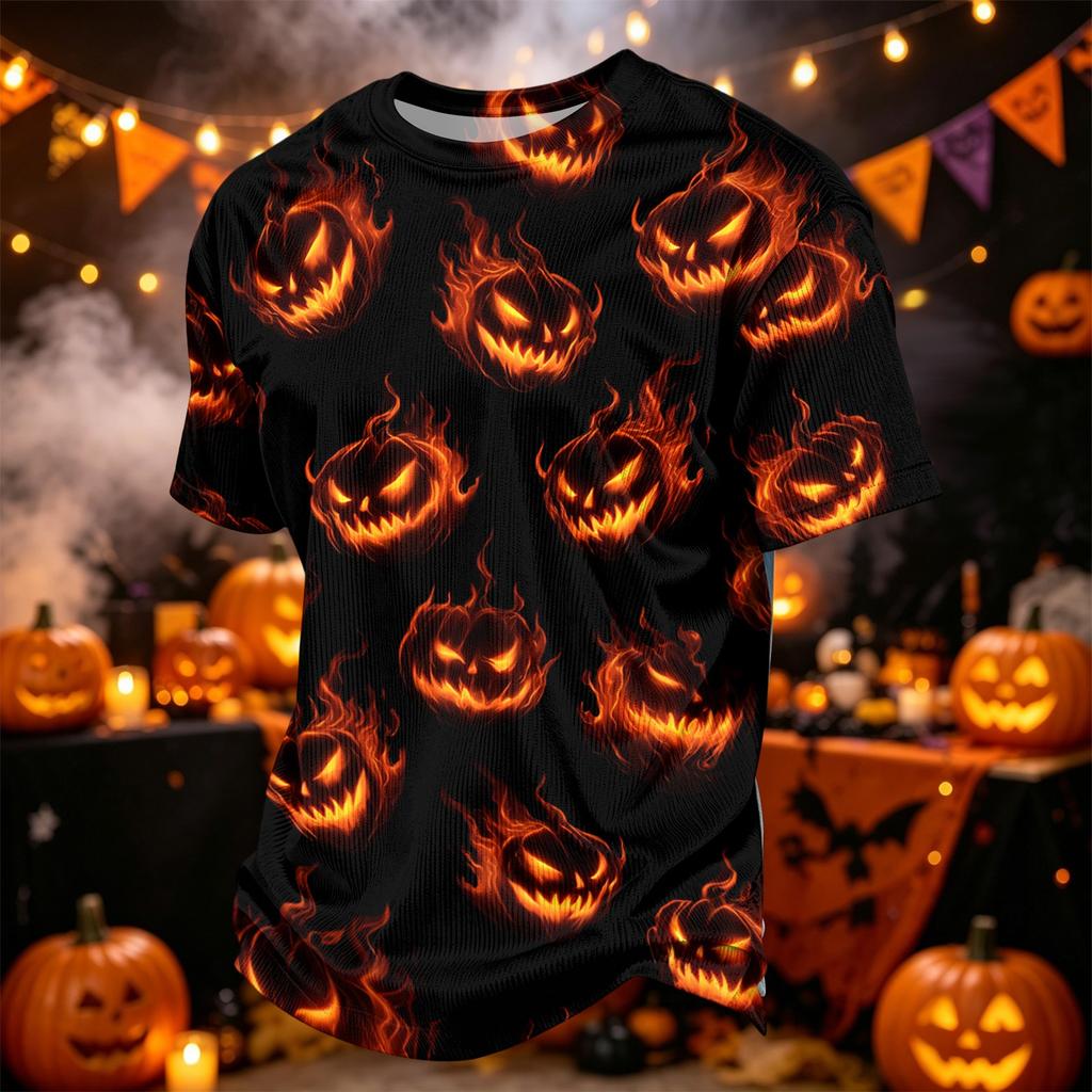 Men's Casual Corduroy Short Sleeve T-Shirt Lightweight Breathable Round Neck Halloween Pumpkin Print Top Comfortable Fit